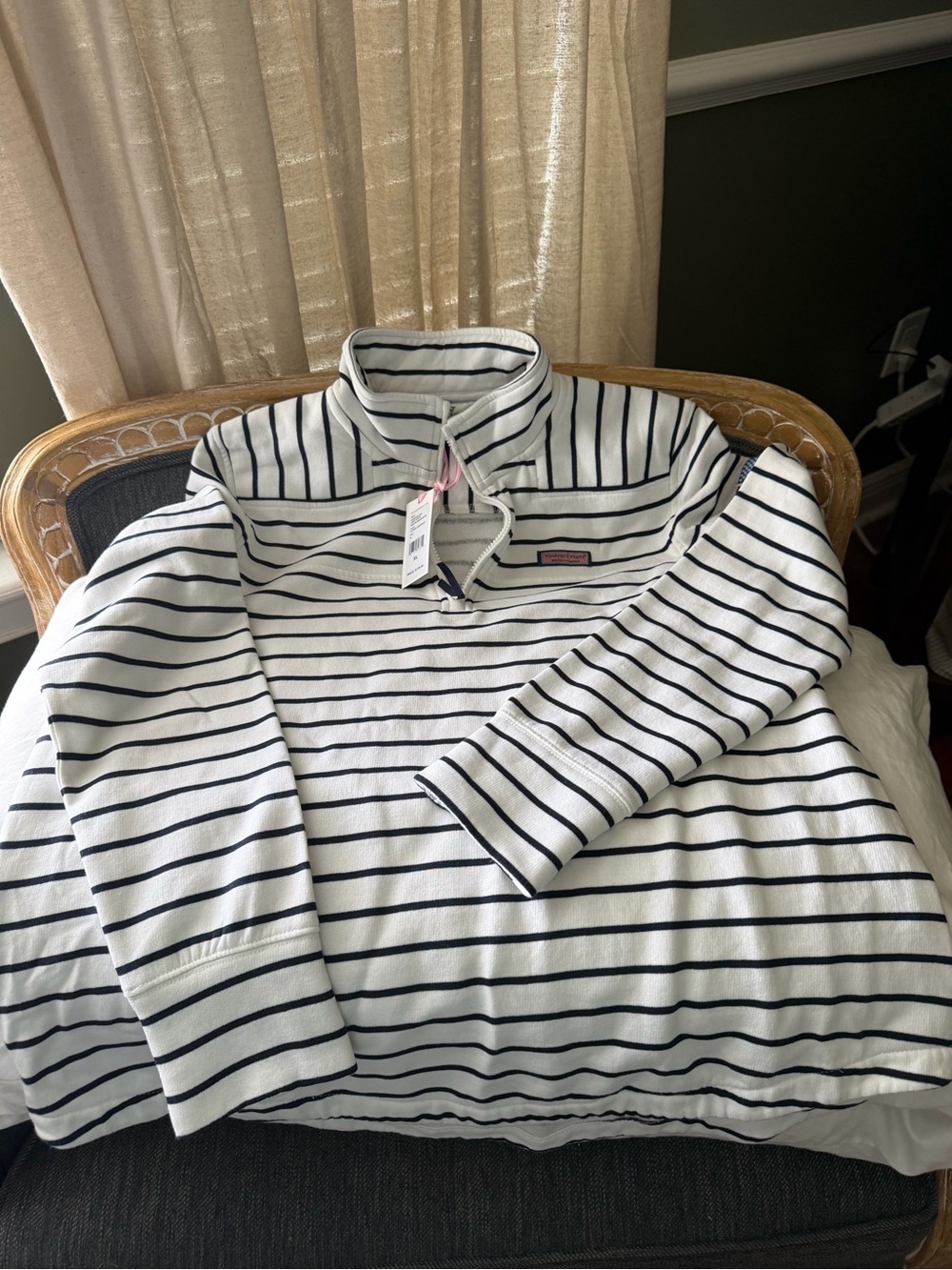 Vineyard Vines Women’s White & Navy Striped Pullover with Pink Logo Patch - Picture 2 of 5